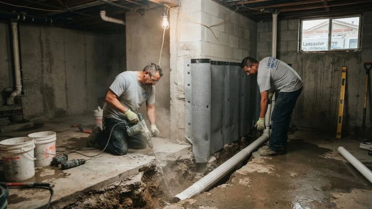 Basement waterproofing work at a Lancaster, CA property
