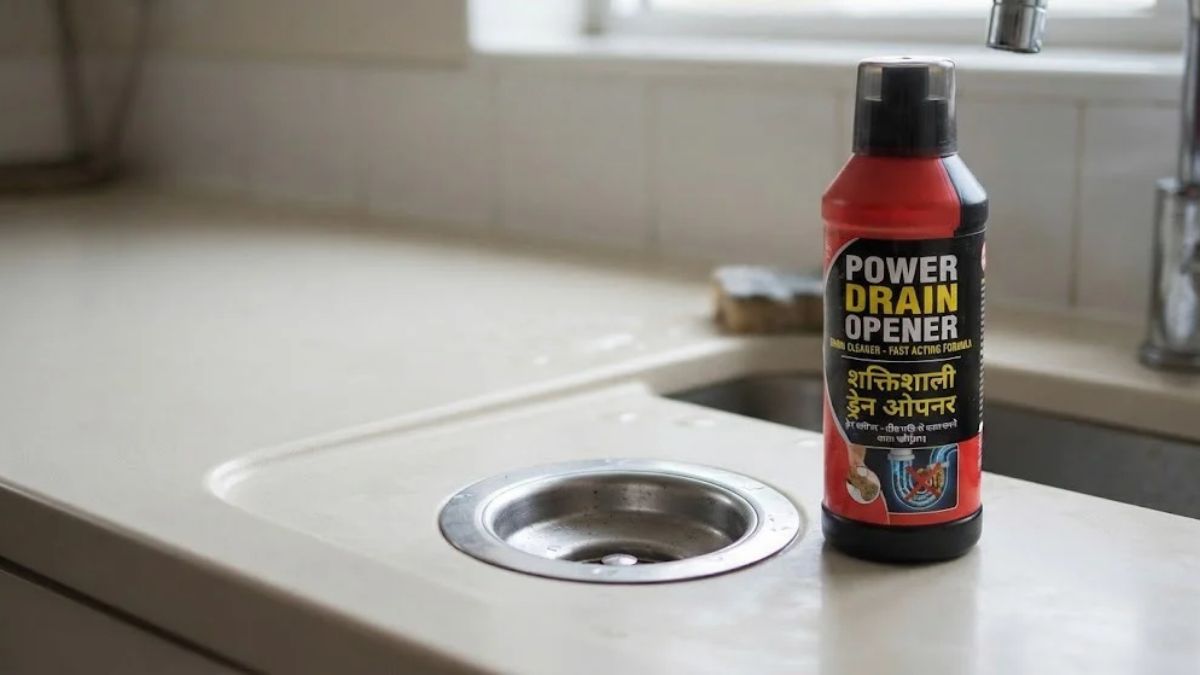 Bottle of chemical drain cleaner next to a sink drain