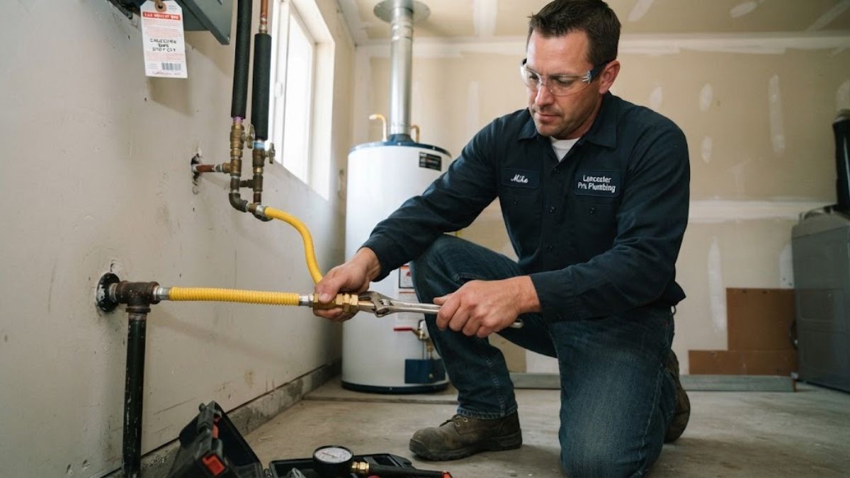 Plumber connecting a gas line in a Lancaster, CA home