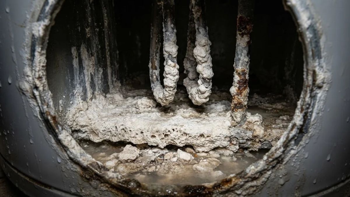 Mineral scale buildup inside a water heater tank from Lancaster's hard water