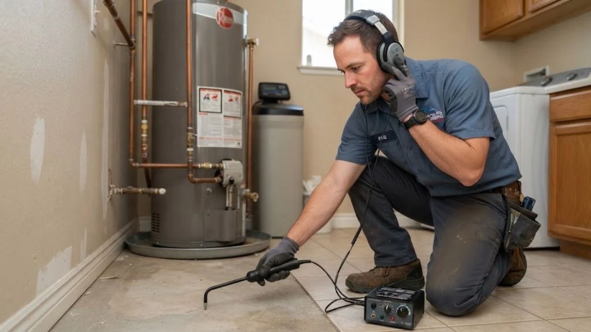 Plumber using acoustic leak detection equipment in a Lancaster, CA home