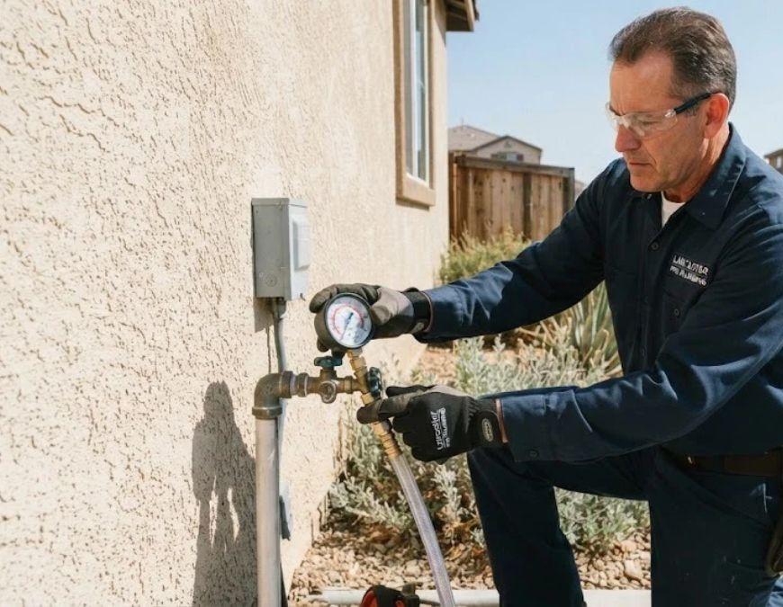 Plumber testing water pressure at a Lancaster, CA home