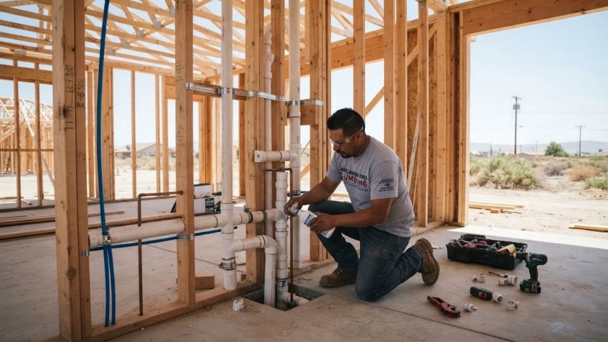 Rough-in plumbing installation during new construction in Lancaster, CA