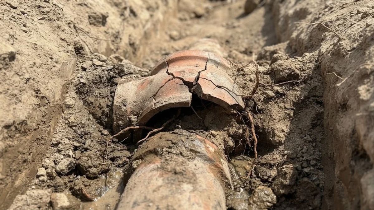 Cracked sewer pipe joint from soil movement in Lancaster, CA