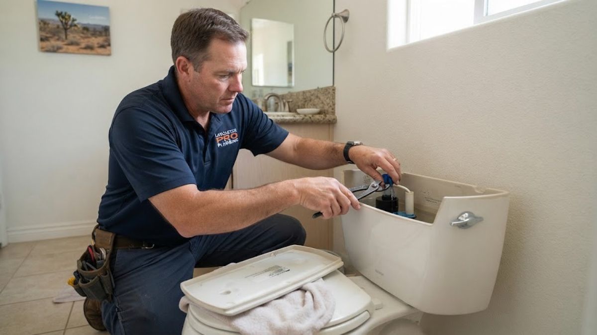 Plumber repairing a running toilet in a Lancaster, CA bathroom