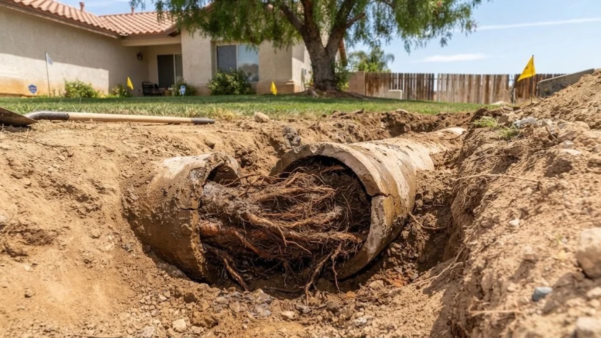 Tree roots intruding into a sewer line in a Lancaster, CA yard